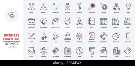 Red black thin line icons set for business vision, success company mission, office innovation in statistics system and target marketing, time management and finance projects vector illustration. Stock Vector