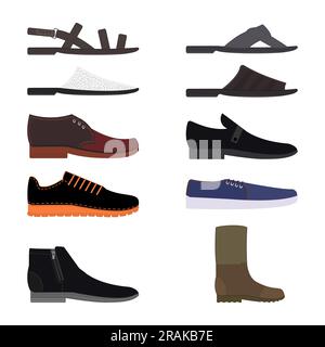 Set of shoes mens. Vector illustrations. Boot, slippers, sandal, sneakers. Stock Vector