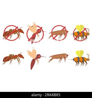Insect pests vector. Mosquito, cockroach, ant, hornet, gnat and pest. illustration and clipart. Prohibition sign. Stock Vector