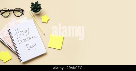 Notebooks with text HAPPY TEACHERS DAY, eyeglasses and stationery on light background. Banner for design Stock Photo