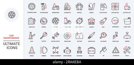 Workshop garage equipment, mechanic tools to repair engine, change tires, road safety sign, and emergency call vector illustration. Trendy red black thin line icons for car maintenance service. Stock Vector