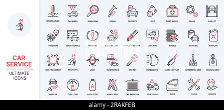 Care and maintenance technology for car including computer diagnostics, charge battery of electric vehicle, and check air pressure in tyres. Trendy red black thin line icons set vector illustration. Stock Vector