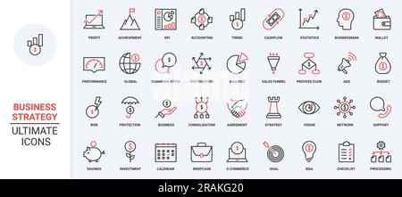 Red black thin line icons set for business strategy, activity process, organization of corporate company growth, control goal solution and idea, assessment of trends sales funnel vector illustration. Stock Vector