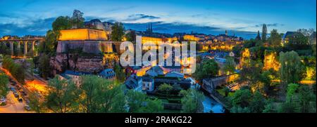 Grand Duchy of Luxembourg, night city skyline at Grund along Alzette river in the historical old town of Luxembourg Stock Photo