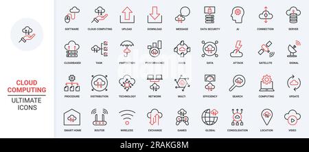 Cloud computing red black thin line data transfer trendy icons set ...