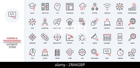 Support for computer software, program code trendy red black thin line icons set vector illustration. Maintenance cloud service, data export, modify synchronisation with server, antivirus programming. Stock Vector