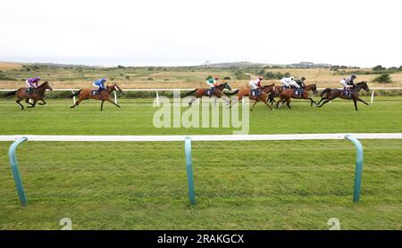 Brighton, UK. 14th July, 2023. A general view as Runners and riders make their way along the course during the At The Races App Form Study Handicap at Brighton Racecourse. Credit: James Boardman/Alamy Live News Stock Photo