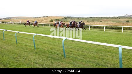 Brighton, UK. 14th July, 2023. A general view as Runners and riders make their way along the course during the At The Races App Form Study Handicap at Brighton Racecourse. Credit: James Boardman/Alamy Live News Stock Photo