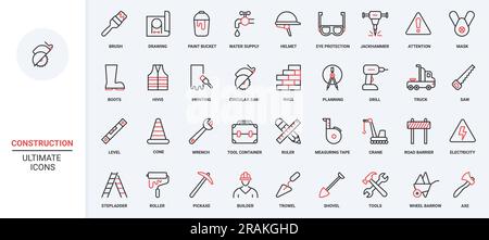 Building construction and repair trendy red black thin line equipment and tools icons set. Builder in helmet, protection boots, roulette level, crane, electricity brickwork symbols vector illustration Stock Vector