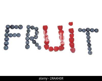 The word fruit made from pieces of raspberry and blueberry Stock Photo