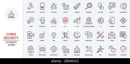 Secure information trendy red black thin line icons set vector illustration. Internet technology, protection from virus attack, malware, and access in network. Stock Vector