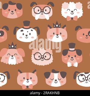 Costume dogs seamless pattern. Funny dog faces with accessories like bow ties, hats and glasses. Nursery decoration. Square repeat pattern design. Vec Stock Vector