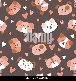 Lovely dog faces seamless pattern. Cartoon dogs and hearts on brown background. Nursery decoration. Square repeat pattern design. Vector illustration. Stock Vector