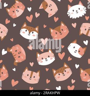 Lovely cat faces seamless pattern. Cartoon kitties and hearts on brown background. Nursery decoration. Square repeat pattern design. Vector illustrati Stock Vector