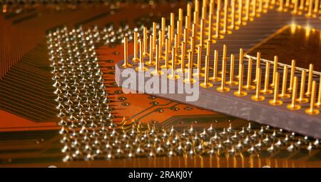printed circuit board with PGA socket and central processor unit close up Stock Photo