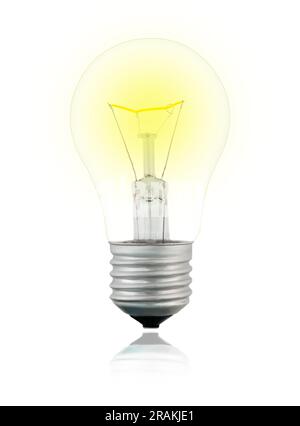 Isolated glowing transparent yellow tungsten light bulb on white background with reflection Stock Photo
