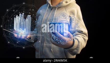 The concept of using AI systems in smart home and smart industry systems, Industry 5.0 Stock Photo