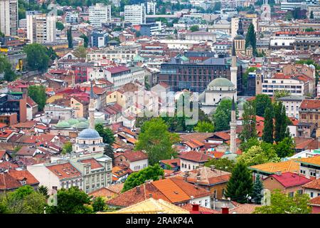 Sarajevo, Bosnia and Herzegovina - May 26 2019: Aerial view of Baščaršija, Sarajevo's old bazaar and the historical and cultural center of the city. F Stock Photo