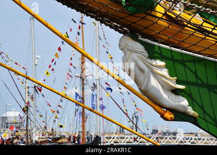 Den Helder, Netherlands. June 30, 2023. The bowsprit and figurehead of a tall ship. High quality photo Stock Photo