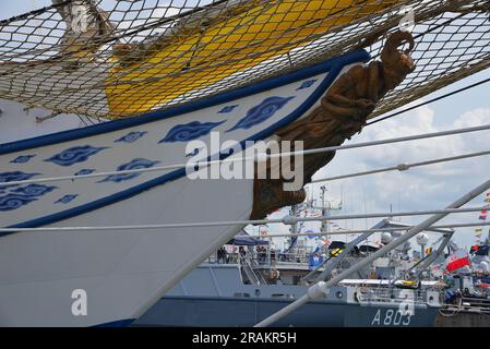 Den Helder, Netherlands. June 30, 2023. The bowsprit and figurehead of a tall ship. High quality photo Stock Photo