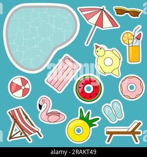 Summer sticker pack with swimming pool, inflatable rings, cocktail, umbrella, sunglasses, vector illustration Stock Vector