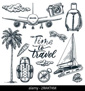 Time to travel calligraphy lettering and summer vacation design elements set. Vector doodle sketch illustration. Palm, backpack, plane, yacht, compass Stock Vector
