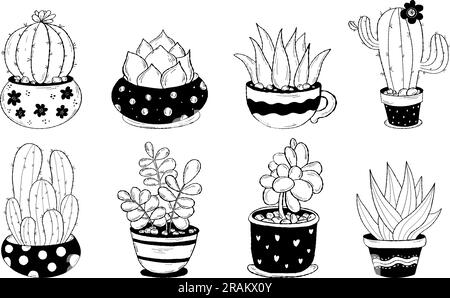 Cactus flowerpots doodles. Collection tropical houseplant. Vector illustration. Isolated hand drawings indoor plants in pots for design and decor Stock Vector