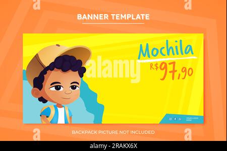 Educational banner template for a school backpack sale, featuring a cartoon boy character and a price tag. Stock Vector