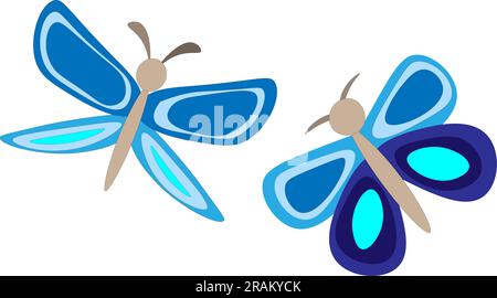 Two bright blue butterflies, children's drawing. Vector illustration Stock Vector