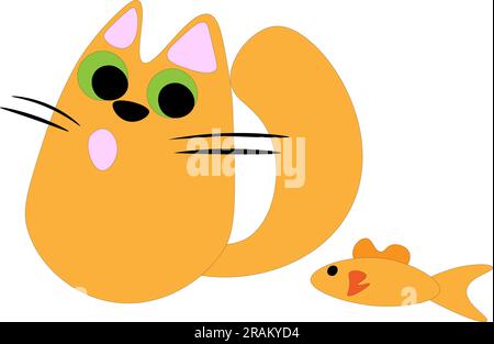 Funny red cat with a fish, children's drawing. Vector illustration Stock Vector
