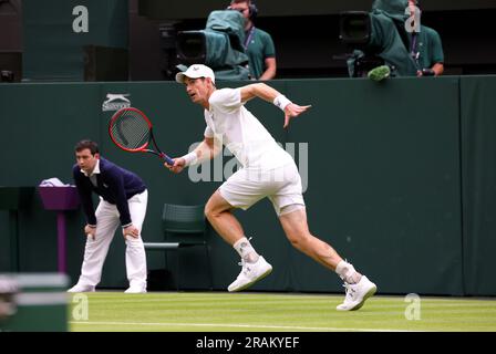 London, UK. 04th July, 2023. 04 July, 2023 - Wimbledon. Great Britain's Andy Murray in action during first round match against countryman Ryan Peniston at Wimbledon. Credit: Adam Stoltman/Alamy Live News Stock Photo