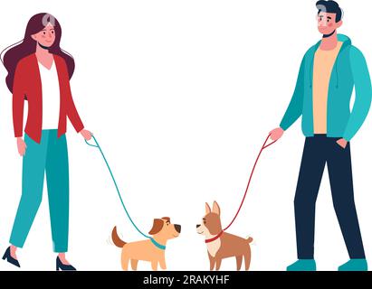 Man and woman in casual clothes walking the dogs of different breeds, keep them on a leash. Active people leisure time. Vector in flat style, cartoon characters isolated on white Stock Vector