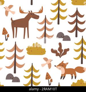 Forest seamless pattern. Deer and fox between trees isolated on white background. Square repeat pattern design. Vector illustration. Stock Vector