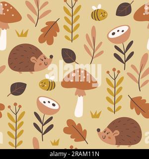 Cute porcupines and bees seamless pattern. Wood life concept. Square repeat pattern design. Vector illustration. Stock Vector