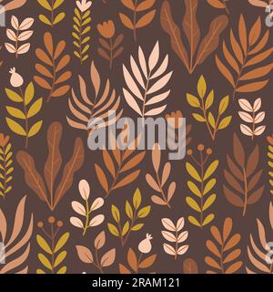 Warm twigs seamless pattern. Cute branches and flowers isolated on brown background. Square repeat pattern design. Vector illustration. Stock Vector