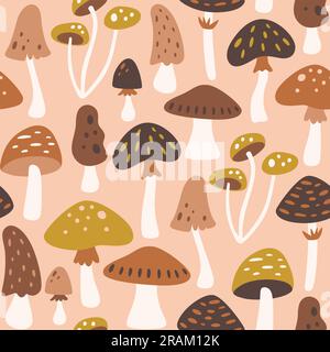 Mushrooms seamless pattern. Isolated mushrooms on warm color backrgound. Square repeat pattern design. Vector illustration. Stock Vector