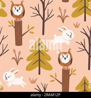 Woodland seamless pattern with owls, trees and bunnies jumping. Square repeat pattern design. Vector illustration. Stock Vector
