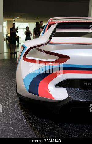 Munich, Bavaria, Germany - June 24 2023: 2015 BMW 3.0 CSL Hommage in the BMW automotive museum. Classic and Modern BMW Collection. Stock Photo