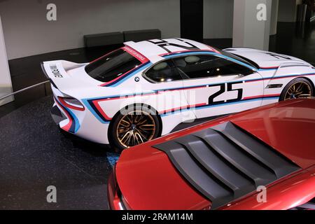 Munich, Bavaria, Germany - June 24 2023: 2015 BMW 3.0 CSL Hommage in the BMW automotive museum. Classic and Modern BMW Collection. Stock Photo