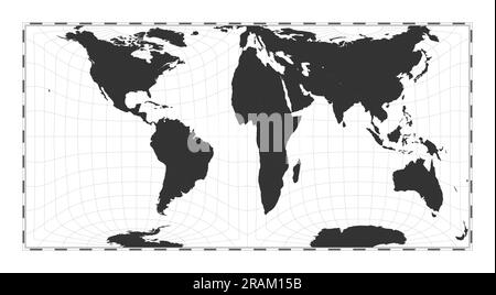 Vector world map. Gringorten square equal-area projection. Plain world geographical map with latitude and longitude lines. Centered to 0deg longitude. Stock Vector