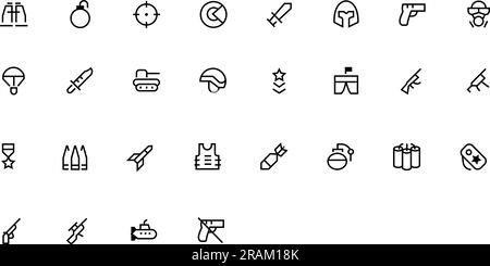 Military, army, war outline icon set. Military Equipment, tools, aids and appliances vector illustration Stock Vector