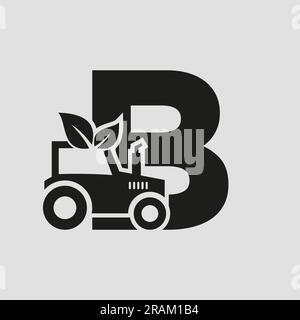 Letter B Agriculture Logo Concept With Tractor Icon Vector Template. Eco Farm Symbol Stock Vector