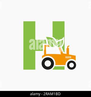 Letter H Agriculture Logo Concept With Tractor Icon Vector Template. Eco Farm Symbol Stock Vector