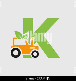 Letter K Agriculture Logo Concept With Tractor Icon Vector Template. Eco Farm Symbol Stock Vector