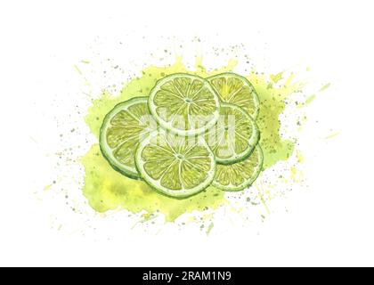 Watercolor fresh lime slices in juice splash isolated on white background. Juicy spray, ripe citrus. Bright illustration for creative design, cocktail Stock Photo