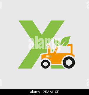 Letter X Agriculture Logo Concept With Tractor Icon Vector Template. Eco Farm Symbol Stock Vector