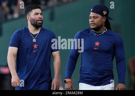 Houston Astros pitchers Jose Urquidy, right, and Cristian Javier (53)  stretch during spring training baseball practice Friday, Feb. 17, 2023, in  West Palm Beach, Fla. (AP Photo/Jeff Roberson Stock Photo - Alamy