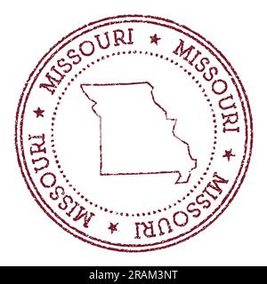 Missouri round rubber stamp with US state map. Vintage red passport stamp with circular text and stars, vector illustration. Stock Vector