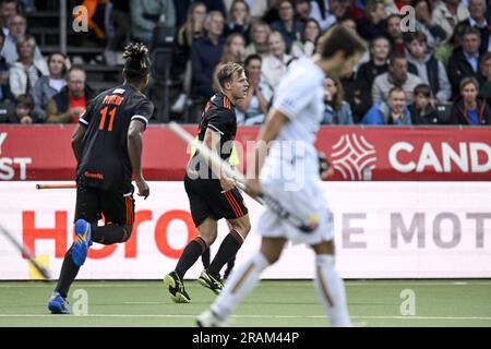 Antwerp, Belgium. 04th July, 2023. Dutch Thijs van Dam celebrates after scoring during a hockey game between Belgian national team Red Lions and Netherlands, match 12/12 in the group stage of the 2023 Men's FIH Pro League, Tuesday 04 July 2023 in Antwerp. BELGA PHOTO TOM GOYVAERTS Credit: Belga News Agency/Alamy Live News Stock Photo