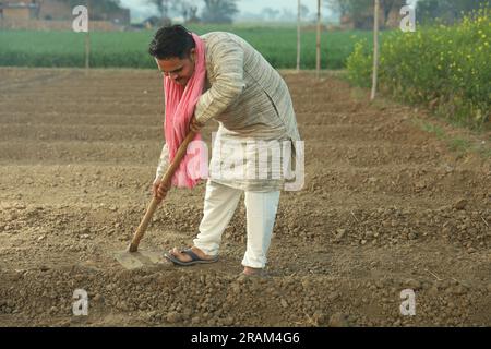 Portrait of Indian happy farmer ploughing the field manually in a day time. Holding agricultural tool in hand. Digging tool shovel and hoe in hand. Stock Photo